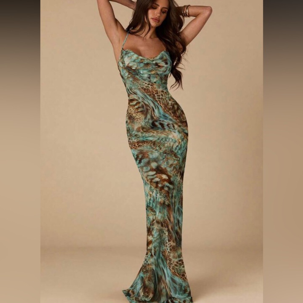 Green Leopard Print Slip Dress with Cowl Neck
